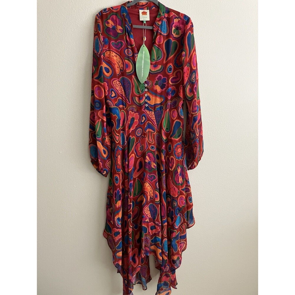 Farm Rio Sheer Midi Dress Asymmetric Hem Colorful Boho Heart Mushroom Large New - Picture 3 of 9